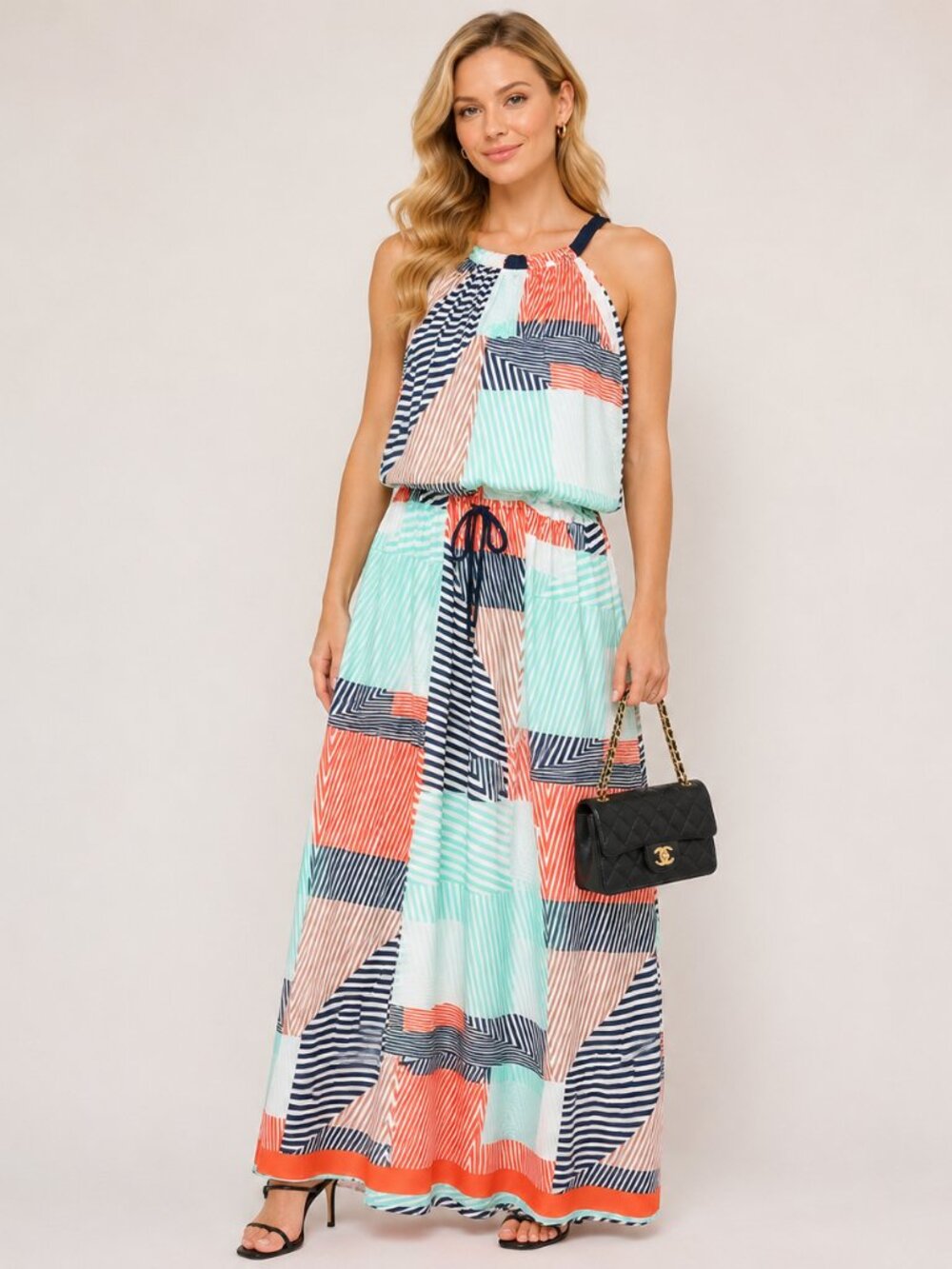 Vince Camuto Geometric Halter Maxi Dress Coral Mint Black Sleeveless Bow Tie 10 - Picture 8 of 9